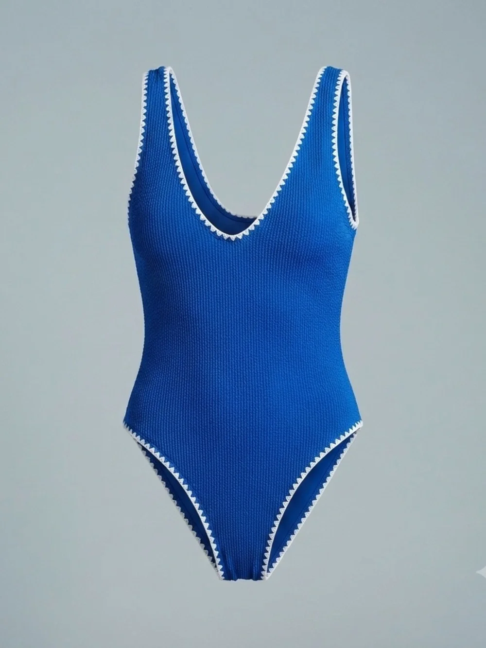 Betsey Johnson Women XL Blue One Piece Swimsuit White Crochet Trim UPF 50+